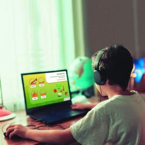 Ein Jugendlicher sitzt am Laptop und spielt.