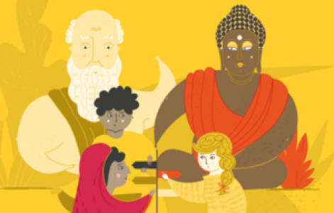 Titelbild Handbuch Ethik & Religion. Illustration von verschiedenen Figuren aus unterschiedlichen Religionen. Quelle: Südwind.