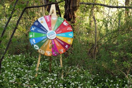 In einem grünen Waldstück steht ein buntes Glücksrad auf einem Holzständer. Es zeigt die 17 Ziele für nachhaltige Entwicklung (SDGs) mit Symbolen und Farben. Vor dem Rad wachsen weiße Blumen, im Hintergrund sind Bäume und Sträucher.