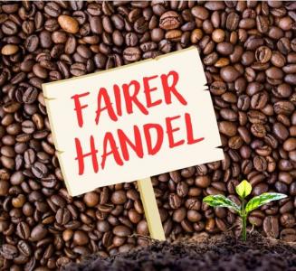 Grafik eines Schildes mit der Aufschrift "Fairer Handel" vor dem Hintergrund von Kaffeebohnen