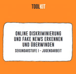 Titelbild Online-Diskriminierung und Fake News erkennen und überwinden. Titel des Toolkits vor einem orangenen Hintergrund. Quelle: Südwind.
