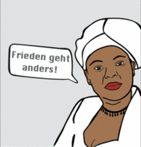 Bild von Leymah Gbowee auf Flyer Ausstellung „Frieden geht anders!". Quelle: Zentrum Oekumene
