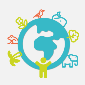 Logo einer Weltkugel mit verschiedenen Symbolen von Tieren und Pflanzen. Quelle: Eine Welt Forum Aachen e.V.