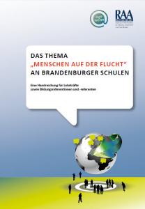 Symbolisierte schwebende Weltkugel mit Stationen und Pfeil, darunter Menschen. Titelblatt der Handreichung, Quelle: http://www.raa-brandenburg.de