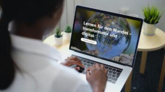 Eine Person sitzt am Laptop und bearbeitet einen digitalen Selbstlernkurs.