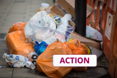 Titelbild des Kurses. Müllsäcke liegen auf dem Boden mit dem Schriftzug Action daneben.Quelle: WWF.