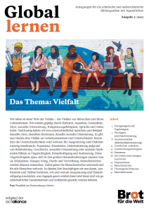 Titelbild Global Lernen zum Thema Vielfalt. Verschiedene Menschen sitzen auf einer Bank vor einer Weltkugel. Quelle: brot-fuer-die-welt.de