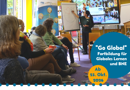 Ankündigungsgrafik der Fortbildung „Go Global“ des NES e.V. mit Titel, den Terminen 23.–25. Oktober und 27.–29. November 2026 sowie dem Veranstaltungsort Saarbrücken. 