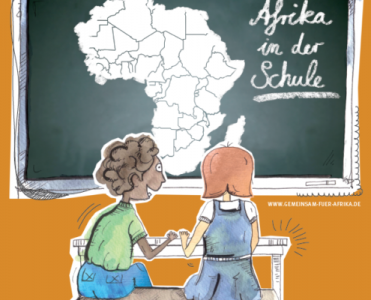 Comiczeichnung: zwei Kinder sitzen vor Tafel mit Abbildung des Kontinents Afrika, daneben Schriftzug "Afrika in der Schule". Quelle: gemeinsam-fuer-afrika.de 