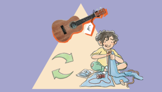 Illustration auf lilafarbenem Hintergrund: Ein Kind näht ein blaues Kleidungsstück mit Nadel und Faden. Daneben liegen Nähutensilien und eine Gitarre mit Preisschild. Zwei grüne Pfeile symbolisieren Wiederverwendung und Kreislauf.