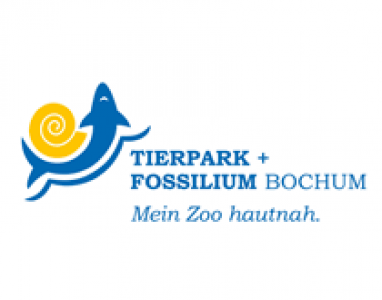 Symbolisierter blauer Wal, der sich um eine gelbe Schnecke legt. Logo Tierpark + Fossilium Bochum. Quelle: tierpark-bochum.de