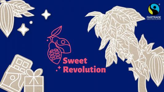 Sharepic Sweet Revolution: gezeichnete Geschenke, Kakaopflanze und -baum auf dunkelblauem Hintergrund