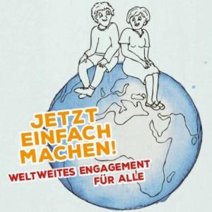 Zwei gezeichnete Menschen sitzen auf Weltkugel, darunter Schriftzug  "Jetzt einfach machen – Weltweites Engagement für alle!". Grafik zum bezev-Kompetenzzentrum für inklusives Auslandsengagement. Quelle: bezev.de