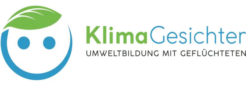 Auf weißem Hintergrund in blau grüner Schrift "Klima Gesichter". Logo Klima Gesichter, Quelle: KlimaGesichter