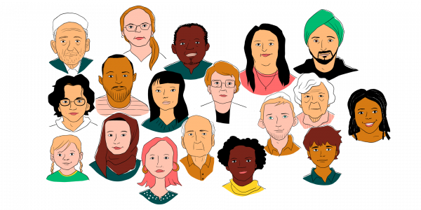 Man sieht 18 Köpfe von Menschen, die freundlich schauen. Sie sind grafisch dargestellt. 