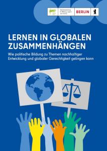 Titelseite der Broschüre: blauer Hintergrund, weiße Schrift, Hochgestreckte Hände, zwei Schiler mit Globus und Waage.