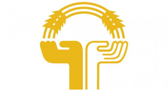 Symbolisierte geöffnete Hände, darüber ein Ährenbogen. Logo zum INKOTA-Podcast "Hunger auf Veränderung". Quelle: inkota.de