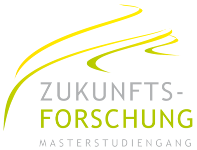 Logo „Zukunftsforschung – Masterstudiengang": Geschwungene gelb-grüne Linien als Symbol für Wege in die Zukunft, darunter grau-grüner Schriftzug.