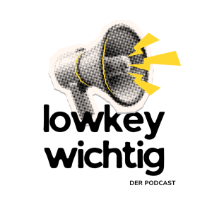 Logo mit einer stilisierten, schwarz-weiß gerasterten Sprechblase bzw. Schallform. Gelbe, pfeilartige Elemente ragen seitlich heraus. Das Motiv steht auf transparentem Hintergrund.