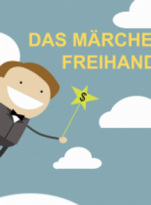 Mann in den Wolken lacht und hält Zauberstab mit Dollarzeichen drauf.