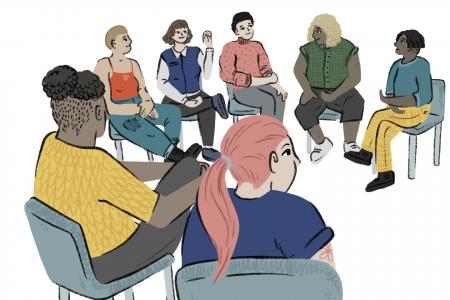 Grafik: Junge Menschen sitzen in einem Stuhlkreis zusammen.