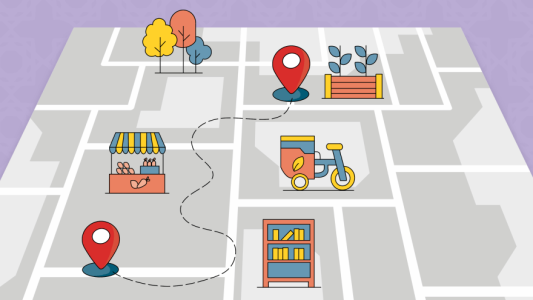 Illustrative Stadtkarte mit Wegen und Markierungen. Zu sehen sind Marktstand, Lastenfahrrad, Bücherregal, Parkbank mit Pflanzen sowie Bäume. Zwei Standort-Pins und eine gestrichelte Route zeigen einen nachhaltigen Stadtrundgang.