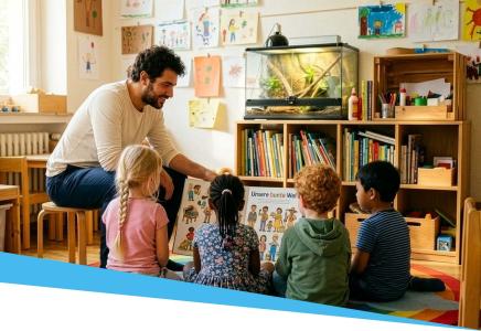 KI-generiertes Bild von vier Kindern, die auf einem runden, bunten Teppich vor einem Bücherregal sitzen. Ein Erzieher zeigt ihnen ein Buch mit der Aufschrift „Unsere bunte Welt“, in dem verschiedene Menschen abgebildet sind. Im Hintergrund sieht man ein Terrarium und selbstgemalte Bilder an der Wand.