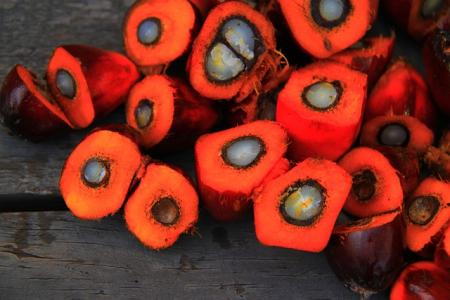 Mehrere aufgeschnittene Palmfrüchte mit leuchtend orangefarbenem Fruchtfleisch und dunkelbraunen Kernen liegen auf einer Holzoberfläche. Die Schnittflächen zeigen den runden Samen im Inneren.