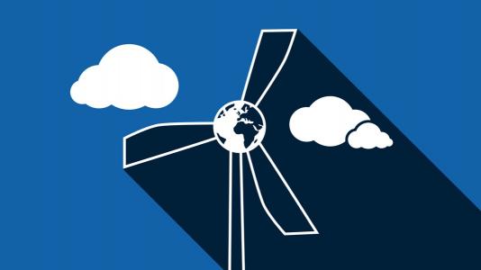 grafische Darstellung einer Windkraftanlage, das Zentrum ist ein Globus