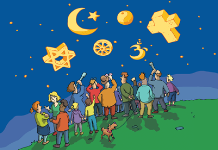 Illustration einer Gruppe von Menschen, die mit Ferngläsern und Teleskopen in den Nachthimmel blickt. Über ihnen schweben Symbole verschiedener Religionen und Weltanschauungen.