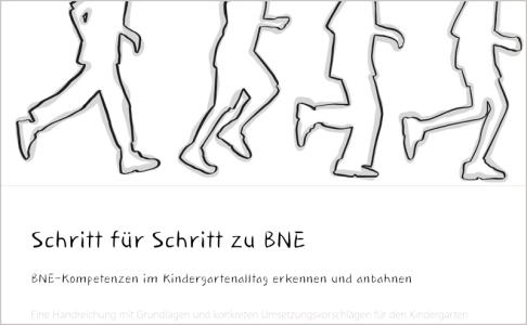 Das Bild zeigt Umrisse von fünf laufenden Personen. Darunter steht der Titel: „Schritt für Schritt zu BNE“. Ergänzt wird er durch den Untertitel: „BNE-Kompetenzen im Kindergartenalltag erkennen und anbahnen“.