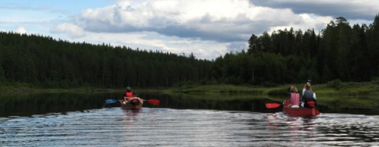 Drei Menschen fahren Kanu auf einem See, im Hintergrund ein Wald