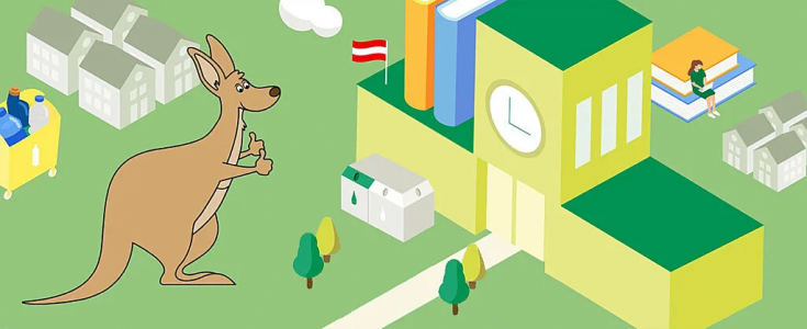 Grafik: Ein großes Känguru steht vor einem Schulgebäude, auf dem die österreichische Flagge weht.