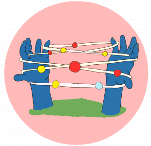 Grafik: Zwei Hände halten eine Schnur zwischen den Fingern gespannt. Quelle und Copyright: Eine Welt Netz NRW