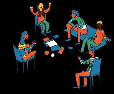 Grafik Wandercoaching: Menschen sitzen auf Stühlen und auf dem Boden im Kreis und unterhalten sich angeregt.