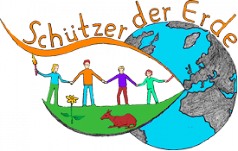 Zeichnung Menschen sich an Händen haltend und Weltkugel, darüber geschwungenen Schriftzug "Schützer der Erde". Quelle: schuetzer-der-erde.de