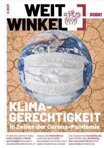 Erdkugel mit umgebundener Schutzmaske. Cover WEITWINKEL Klimagerechtigkeit. Quelle: sodi.de