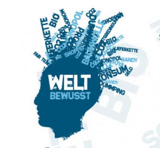 Blauer Kopf im Profil, darauf steht "Weltbewusst". Aus dem Kopf wachsen Begriffe wie Konsum, Bio etc. wie Haare. Logo Weltbewusst, Quelle: http://www.weltbewusst.org/stadtrundgang-selbermachen/, 