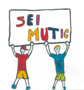 Zwei gezeichnete Figuren halten Schild mit der Aufschrift "Sei mutig". Zeichnung zum Workshop von Don Bosco macht Schule: Zusammenleben und Zivilcourage. Quelle: donbosco-macht-schule.de