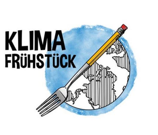Grafik eines Globus mit einer Gabel, die als Bleistift endet, und dem Schriftzug "KlimaFrühstück"