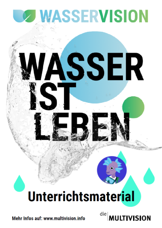 Das Bild zeigt ein Unterrichtsmaterial mit dem Titel „WASSER IST LEBEN“. Oben steht das Logo „WASSERVISION“. Im Hintergrund sind Wassertropfen, Wasserstrudel und farbige Kreise. Unten sind Tropfen, eine Comicfigur mit Fischkopf im Kreis sowie der Hinweis: „Mehr Infos auf: www.multivision.info“.