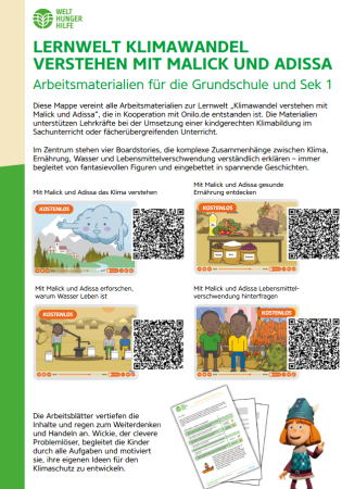 Plakat der Welthungerhilfe zu „Lernwelt Klimawandel“. Vorgestellt werden kostenlose Unterrichtsmaterialien für Grundschule und Sek I mit den Figuren Malick und Adissa. Vier Lernmodule zu Klima, Ernährung, Wasser und Lebensmittelverschwendung mit Illustrationen und QR-Codes.