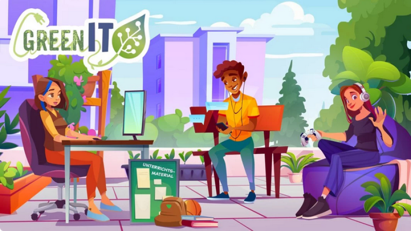 Illustration: Drei junge Menschen sitzen draußen vor modernen Gebäuden. Links arbeitet eine Person am Laptop, Mitte liest jemand auf einer Bank, rechts spielt eine Person mit Kopfhörern ein Videospiel. Pflanzen und ein Schild „Green IT“ betonen Nachhaltigkeit und Technik.