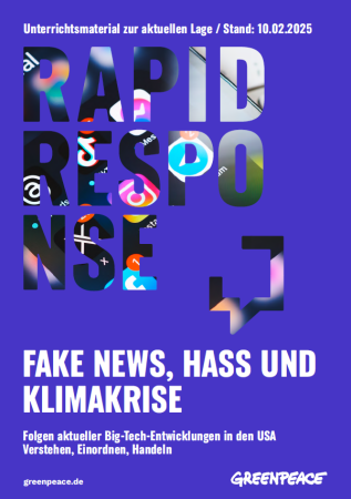 Blaues Plakat mit dem Text: „Rapid Response. Fake News, Hass und Klimakrise“. Untertitel: „Folgen aktueller Big-Tech-Entwicklungen in den USA verstehen, einordnen, handeln“. Im Hintergrund bunte Symbole aus Social Media und Internetkultur.