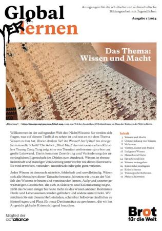 Das Bild zeigt die erste Seite des Bildungsmaterial mit einem Bild von dem Ausstellungsobjekts "O Quilombismo" im Haus der Kulturen der Welt in Berlin