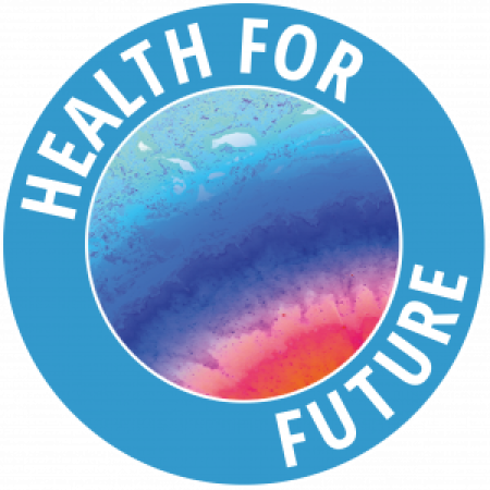 Kreisrunder Farbverlauf Blau, über Violett bis Rot (Klimafarben) mit Ring drumherum mit dem Text: Health4Future 