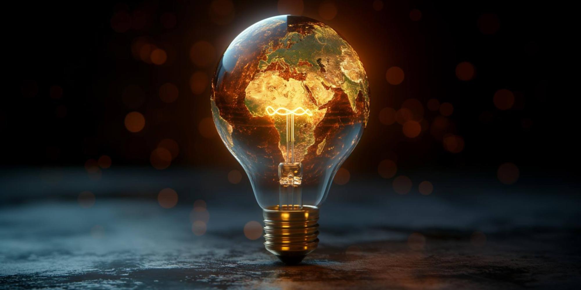 KI-generiertes Symbolbild: Eine leuchtende Glühbirne, in deren Glaskolben eine beleuchtete Weltkugel mit Fokus auf Afrika und Europa zu sehen ist. Dunkler Hintergrund mit Bokeh-Effekt.